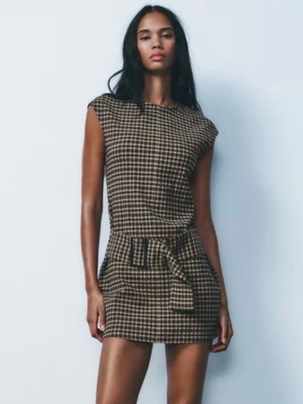 Zara Black and Tan Plaid Tie-Waist Sheath Dress